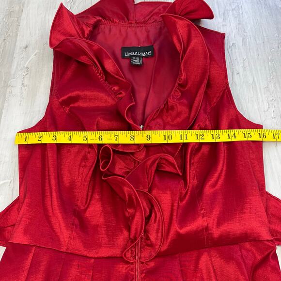 Frank Lyman Red Shiny Bubble Hem Belted Ruffle Sexy Zip Up Cocktail Party Dress - Picture 11 of 13